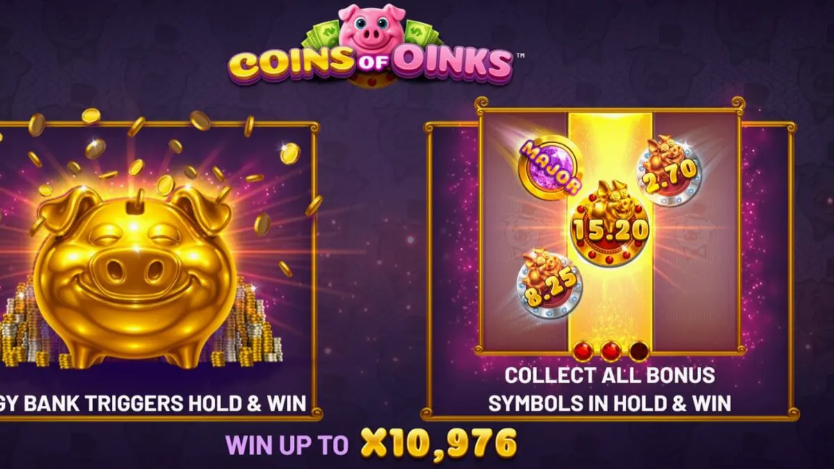 Porcos luxuosos e moedas de ouro no tema do jogo Coins of Oinks