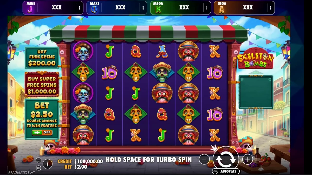 Interface do jogo Skeleton Bombs com caveiras coloridas e grid de 6x5
