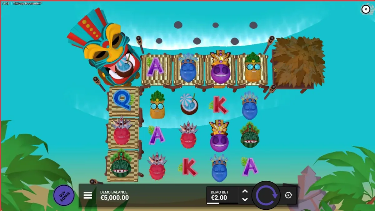 Tela do slot Tikitopia BoosterBelt com elementos tropicais e o totem Big'Um Tiki